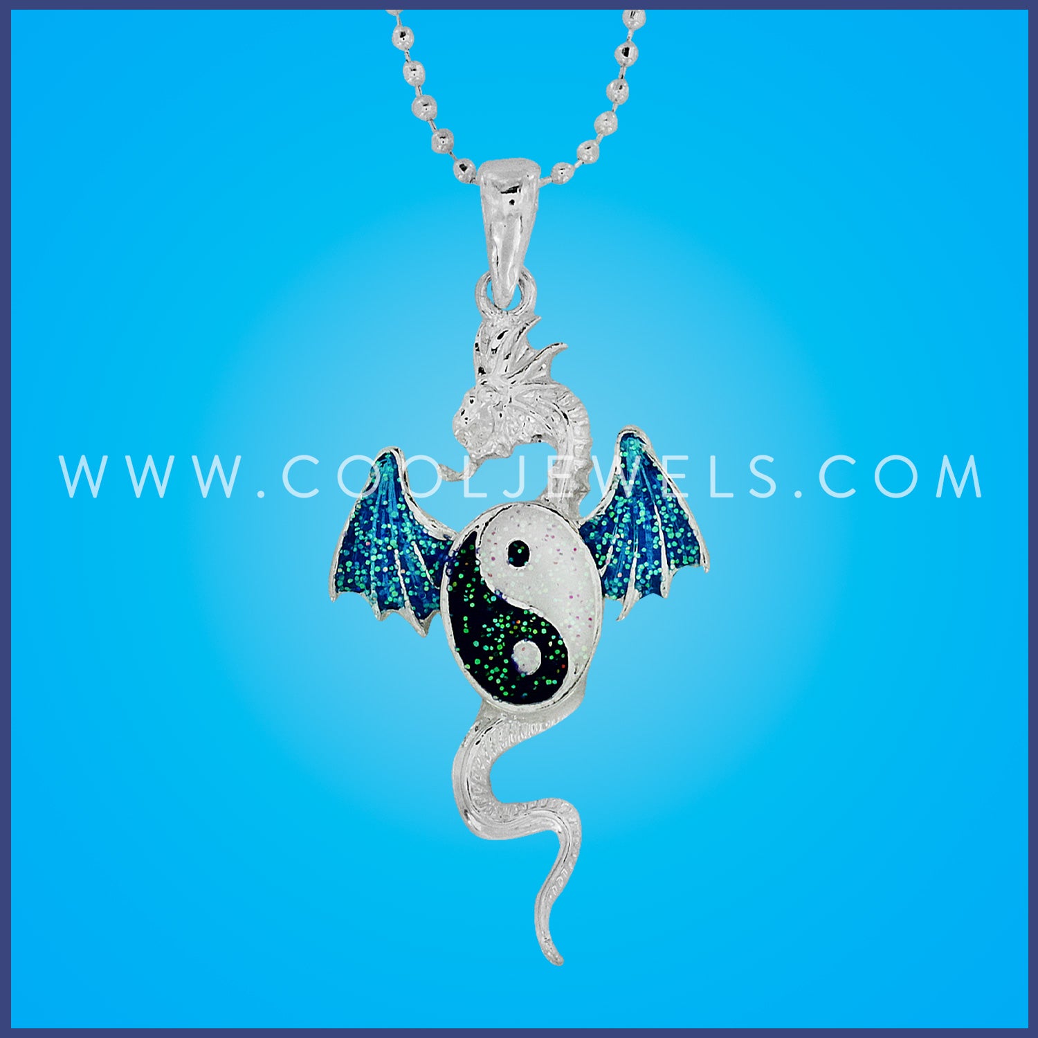 SILVER BALL CHAIN NECKLACE WITH DRAGON YIN YANG PENDANT