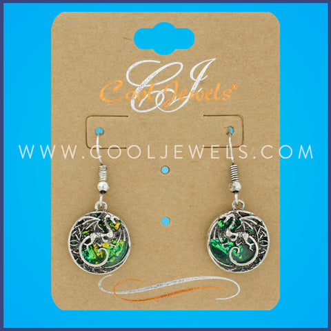 FISH HOOK EARRING WITH ROUND DISC WITH DRAGONS