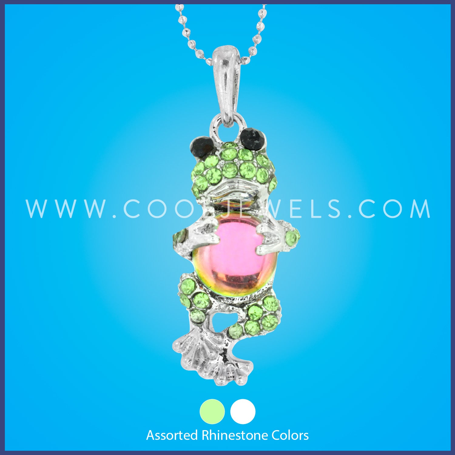 SILVER BALL CHAIN NECKLACES WITH RHINESTONE & CRYSTAL BEAD FROG