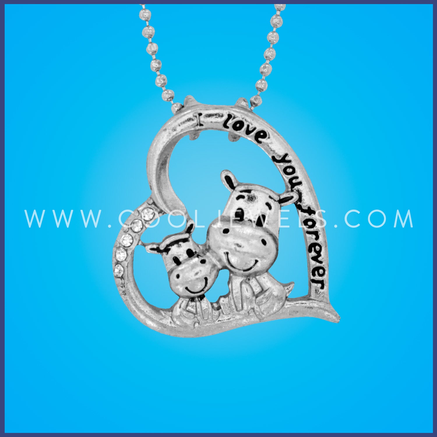 DC BALL CHAIN NECKLACE WITH RHINESTONE HEART PENDANT WITH MOM &amp; BABY HIPPO