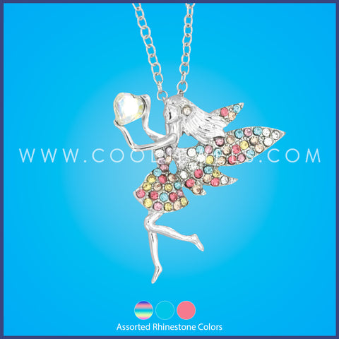 LINK CHAIN NECKLACE WITH RHINESTONE FAIRY PENDANT - ASSORTED  RHINESTONE COLORS