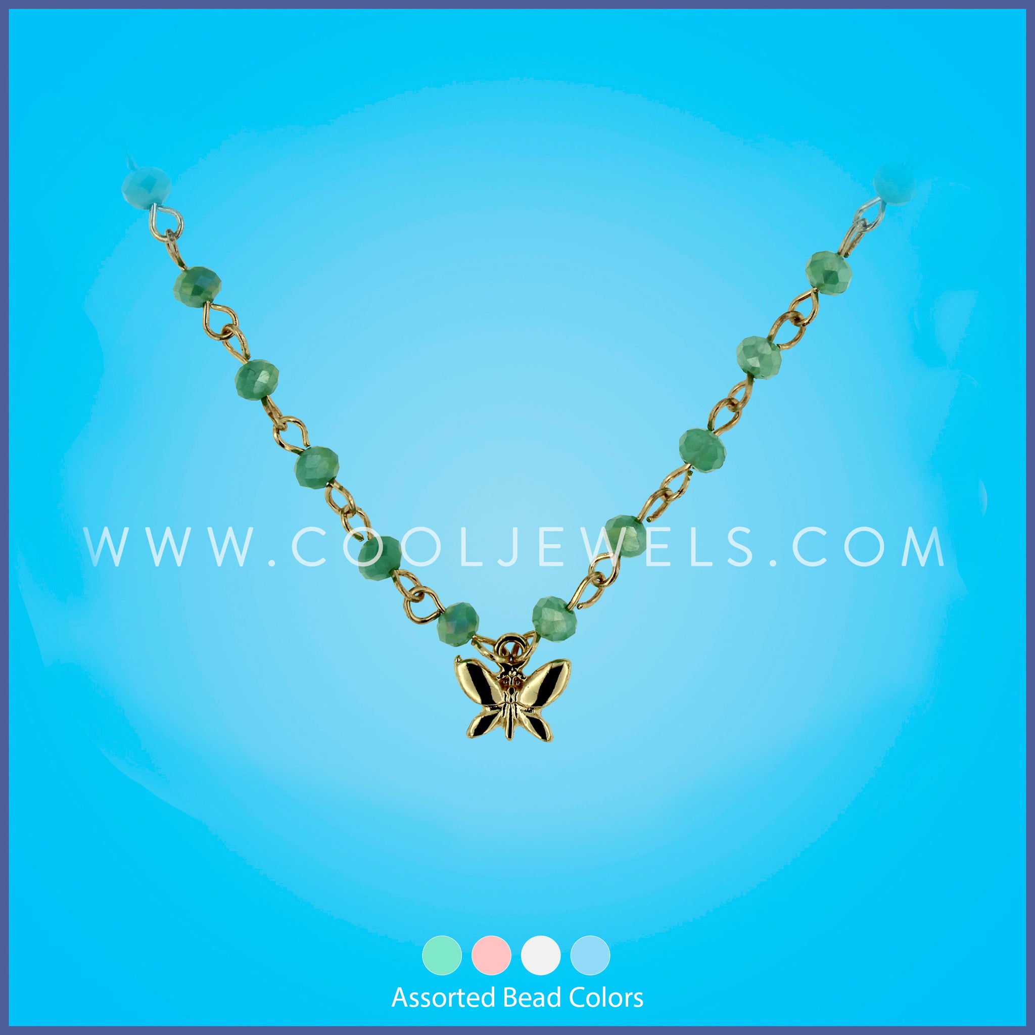 Link Chain Necklace with Butterfly and Colored Beads -