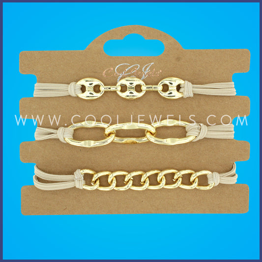 BEIGE STRETCH BRACELET HAIR TIES WITH GOLD CHAINS
