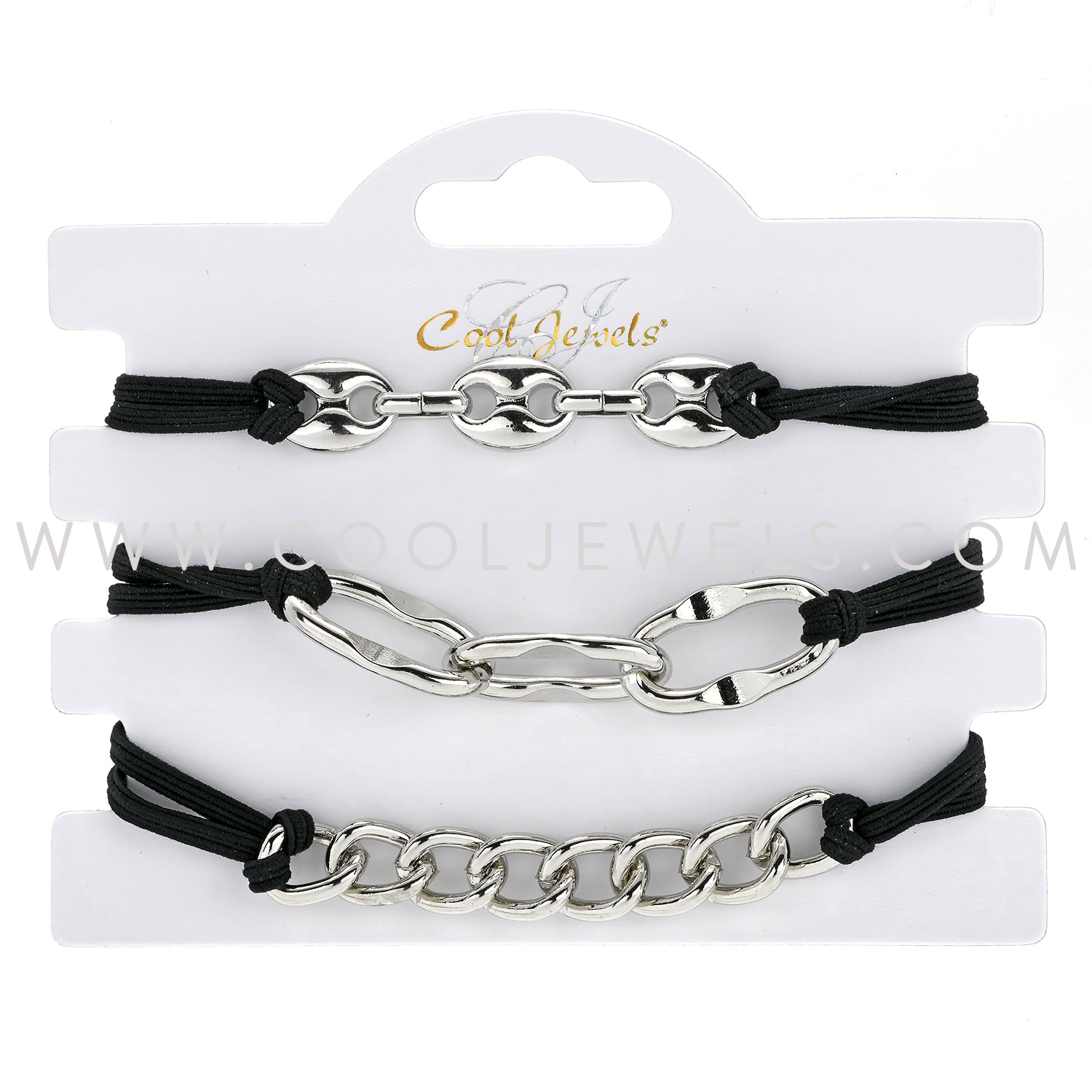 BLACK STRETCH BRACELET HAIR TIES WITH SILVER CHAINS