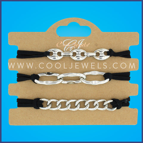 BLACK STRETCH BRACELET HAIR TIES WITH SILVER CHAINS