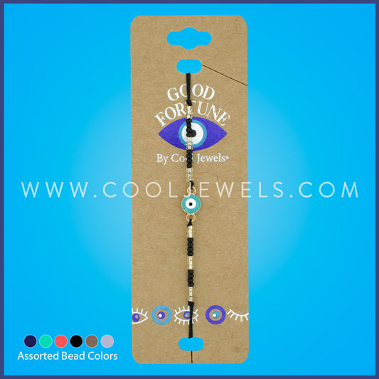 SEED BEAD SLIDER BRACELET WITH EVIL EYE ASSORTED - CARDED