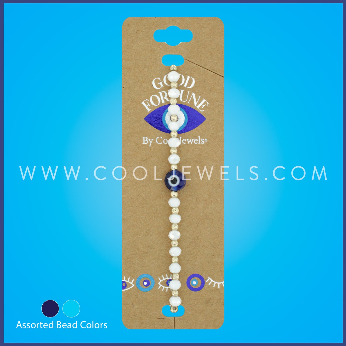 GLASS BEADED STRETCH BRACELET WITH EVIL EYE ASSORTED - CARDED