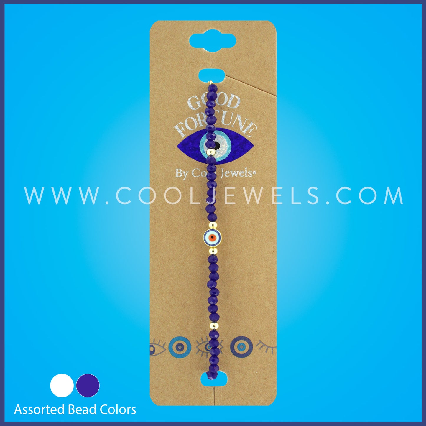 GOLD CHAIN SLIDER BRACELET WITH BEADS & EVIL EYE ASSORTED - CARDED