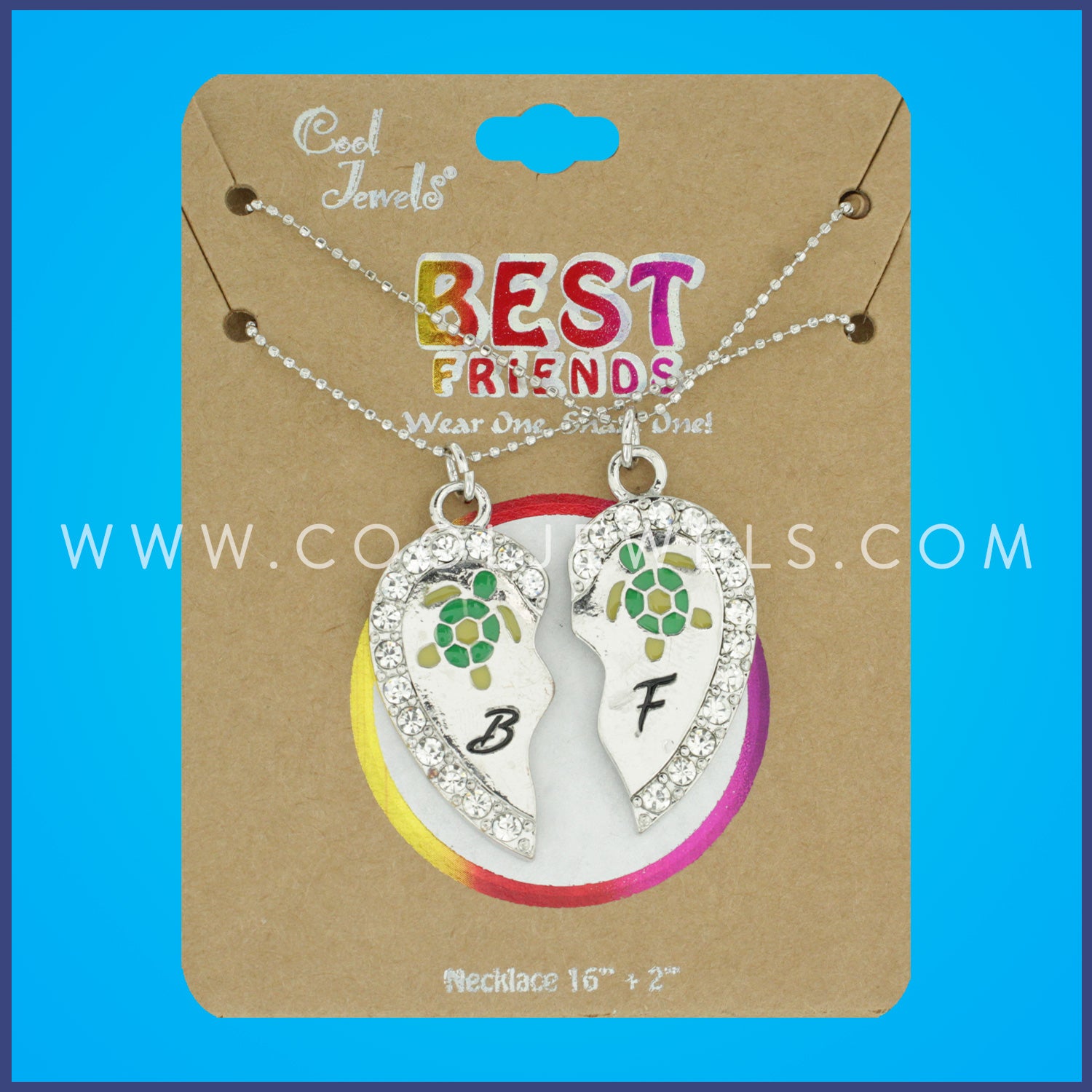 (SET OF 2) SILVER BALL CHAIN NECKLACE WITH HEART-SHAPED RHINESTONE EDGE TURTLE BEST FRIENDS PENDANTS