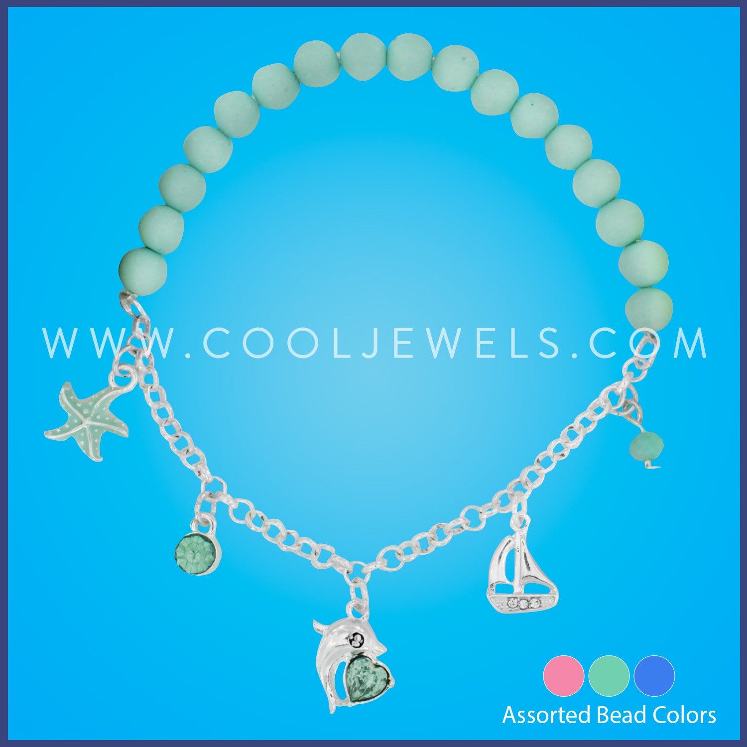 BEADED STRETCH & CHAIN BRACELET WITH SEALIFE CHARMS - ASSORTED