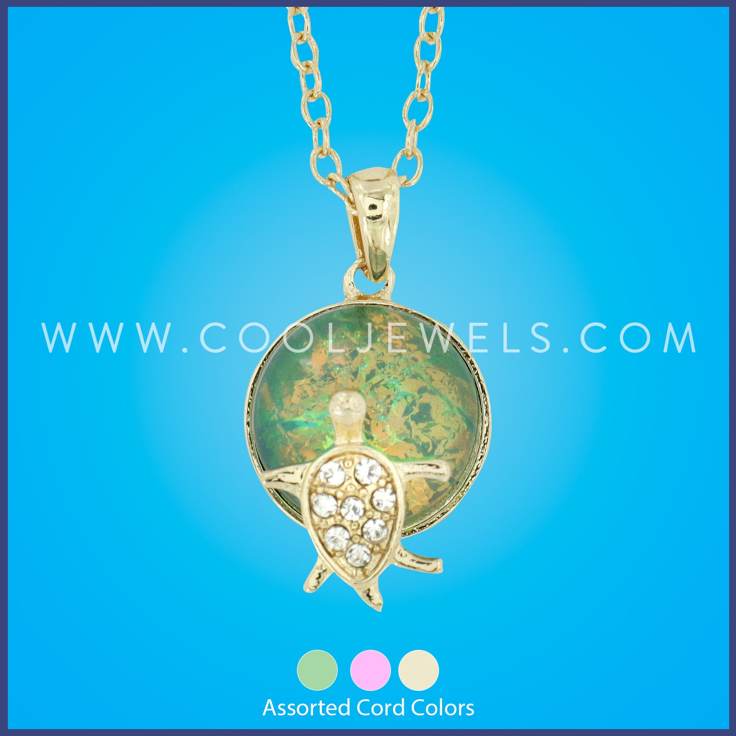 LINK CHAIN NECKLACE WITH ROUND RHINESTONE TURTLE PENDANT - ASSORTED