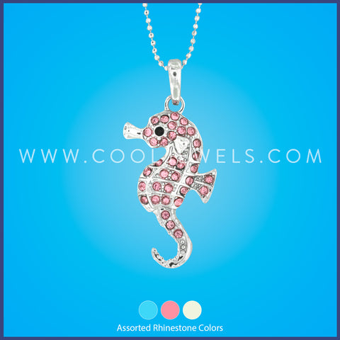 SILVER BALL CHAIN NECKLACE WITH RHINESTONE SEAHORSE - ASSORTED 