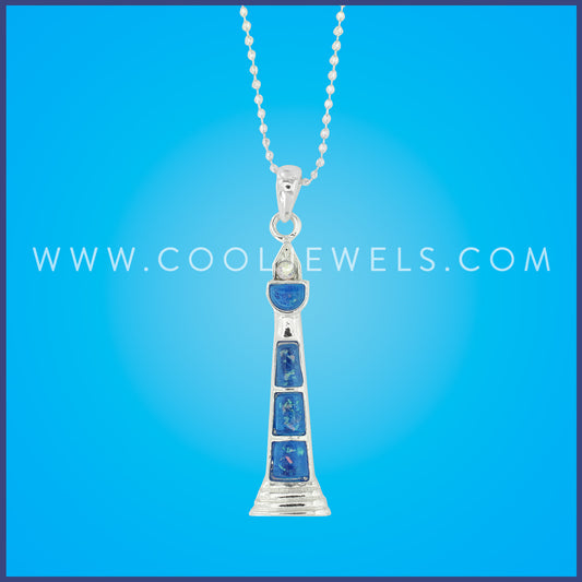 SILVER LINK CHAIN NECKLACE WITH BLUE LIGHTHOUSE PENDANT