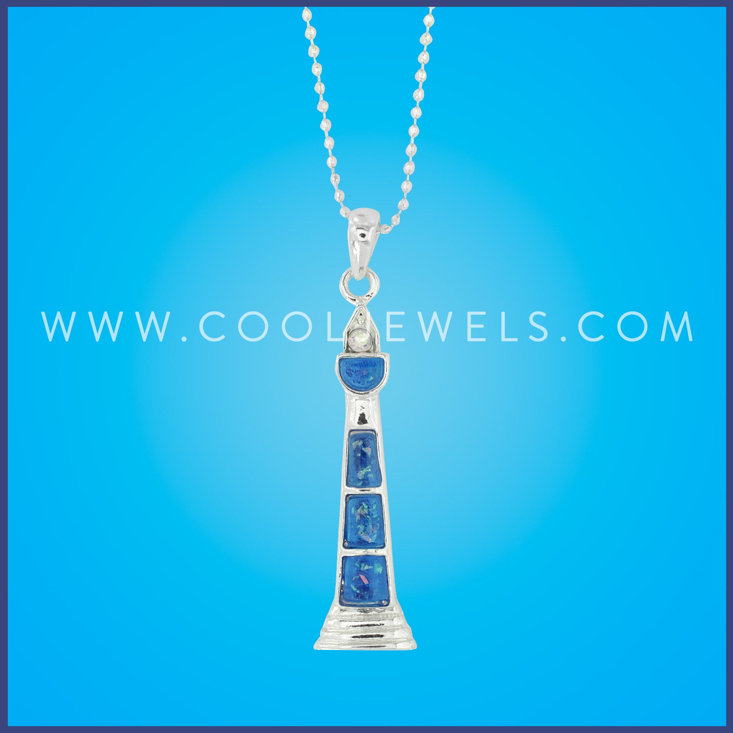 SILVER LINK CHAIN NECKLACE WITH BLUE LIGHTHOUSE PENDANT