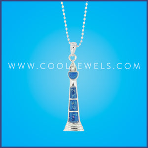 SILVER LINK CHAIN NECKLACE WITH BLUE LIGHTHOUSE PENDANT