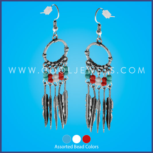 FISH HOOK EARRING WITH BEADS AND FEATHERS  - ASSORTED