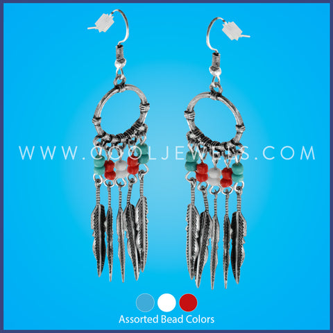 FISH HOOK EARRING WITH BEADS AND FEATHERS  - ASSORTED