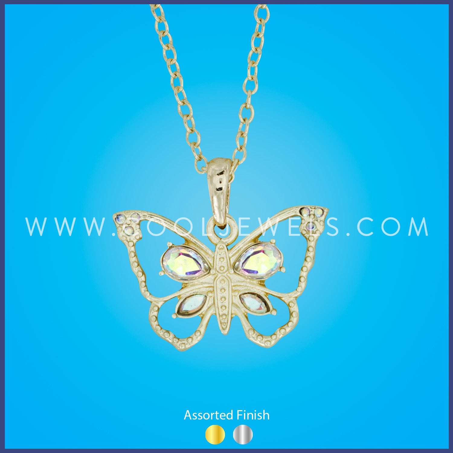 LINK CHAIN NECKLACE WITH RHINESTONE BUTTERFLY PENDANT - ASSORTED FINISH