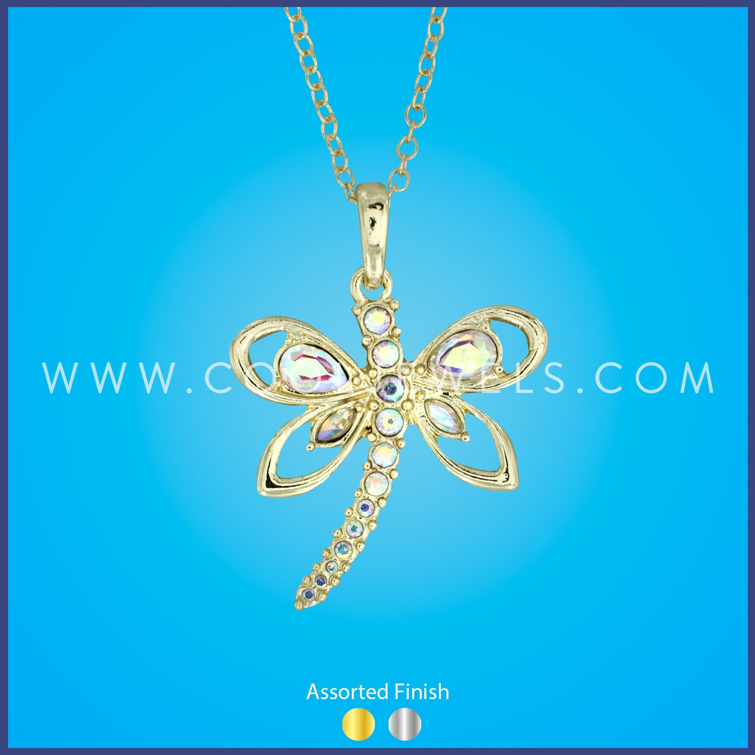 LINK CHAIN NECKLACE WITH RHINESTONE DRAGONFLY PENDANT - ASSORTED FINISH