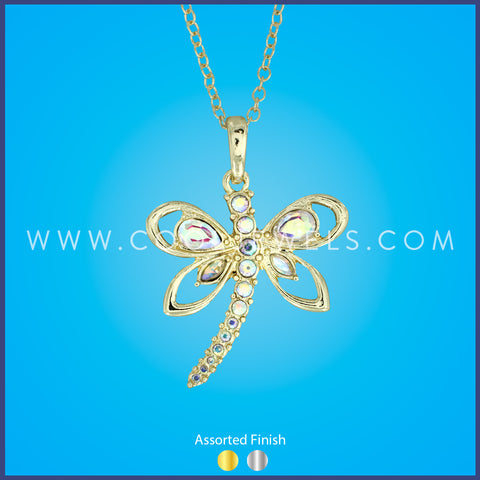 LINK CHAIN NECKLACE WITH RHINESTONE DRAGONFLY PENDANT - ASSORTED FINISH
