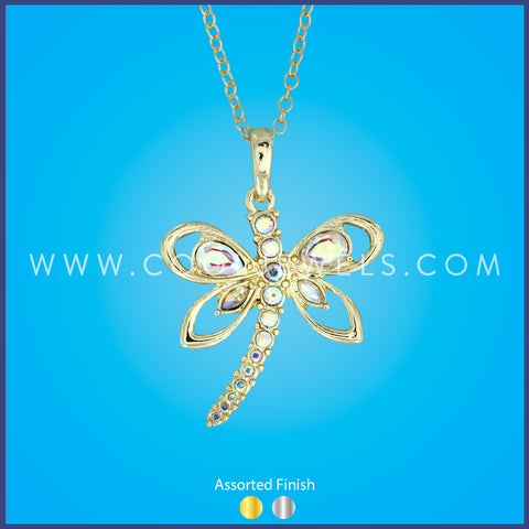 LINK CHAIN NECKLACE WITH RHINESTONE DRAGONFLY PENDANT - ASSORTED FINISH