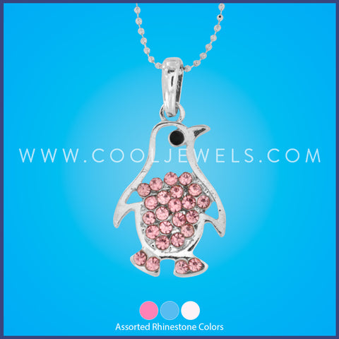 SILVER BALL CHAIN NECKLACE WITH RHINESTONE PENGUIN - ASSORTED