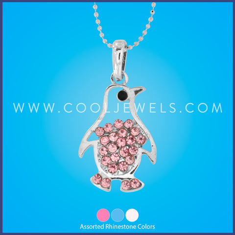 SILVER BALL CHAIN NECKLACE WITH RHINESTONE PENGUIN - ASSORTED