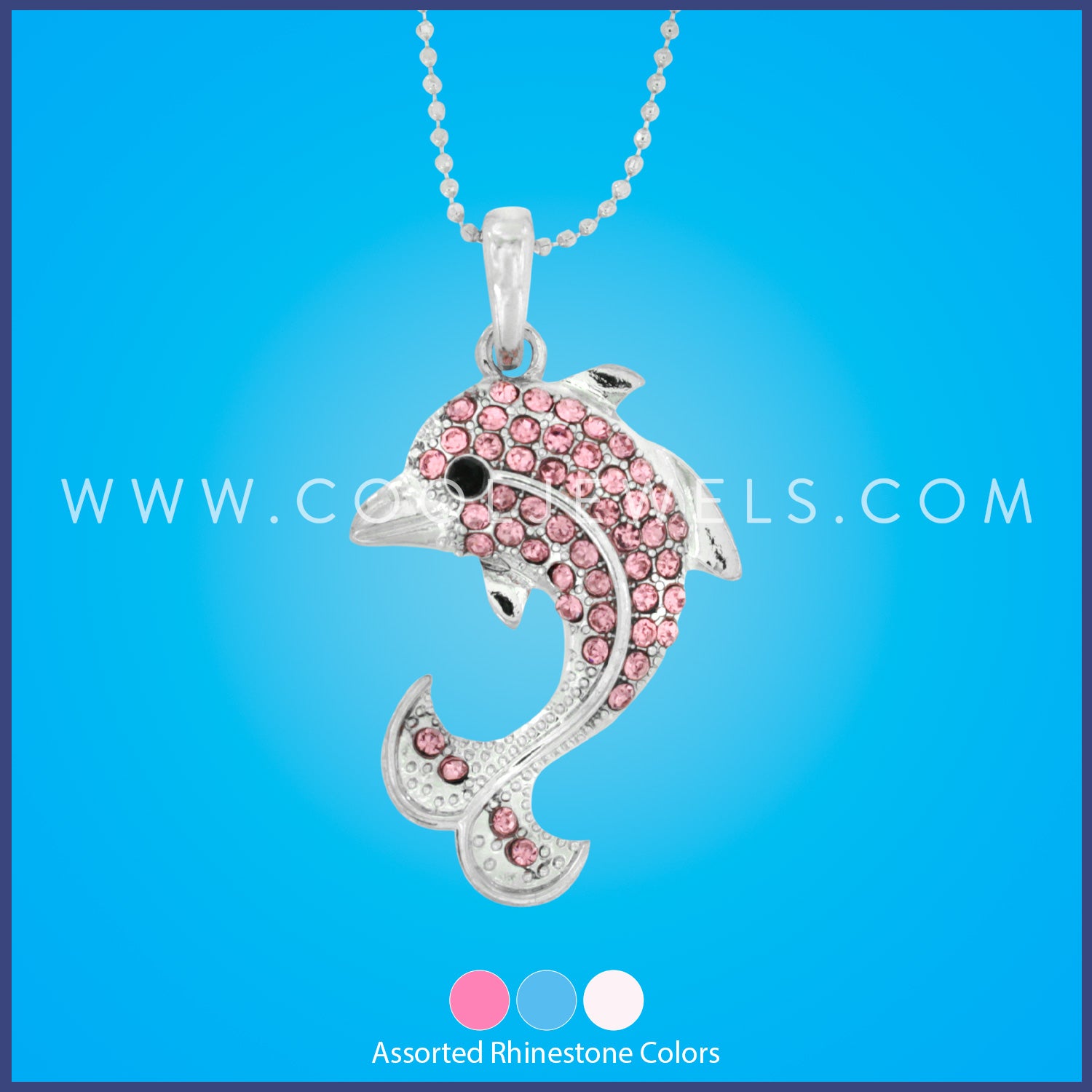 SILVER BALL CHAIN NECKLACE WITH RHINESTONE DOLPHIN - ASSORTED