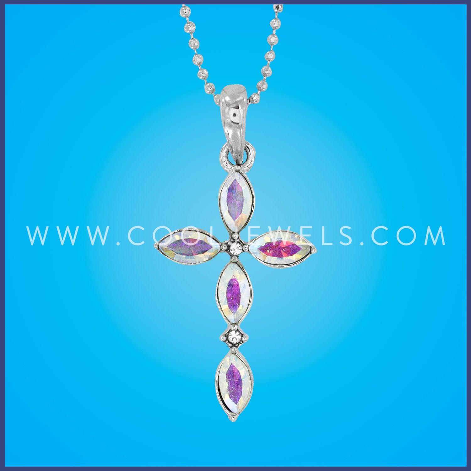 DC BALL CHAIN NECKLACE WITH RHINESTONE CROSS PENDANT