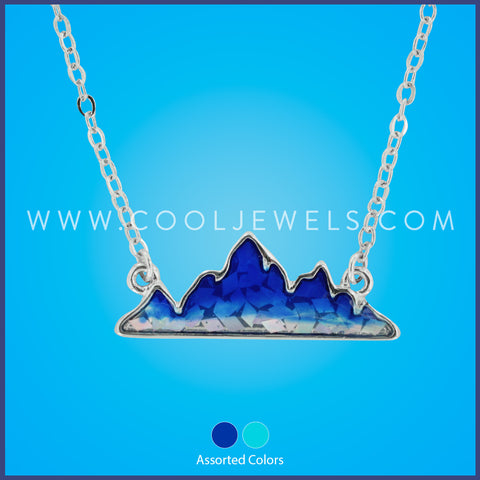 LINK CHAIN NECKLACE WITH BLUE SPARKLE MOUNTAIN PENDANT - ASSORTED