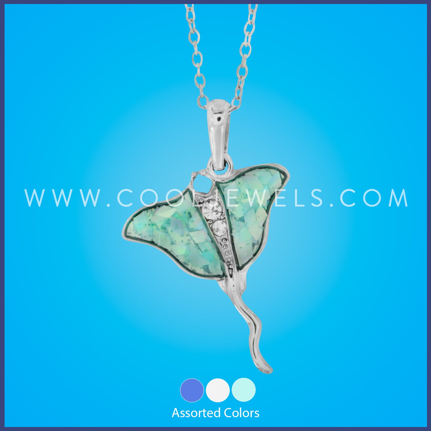 LINK CHAIN NECKLACE WITH BLUE SPARKLE STINGRAY PENDANT - ASSORTED