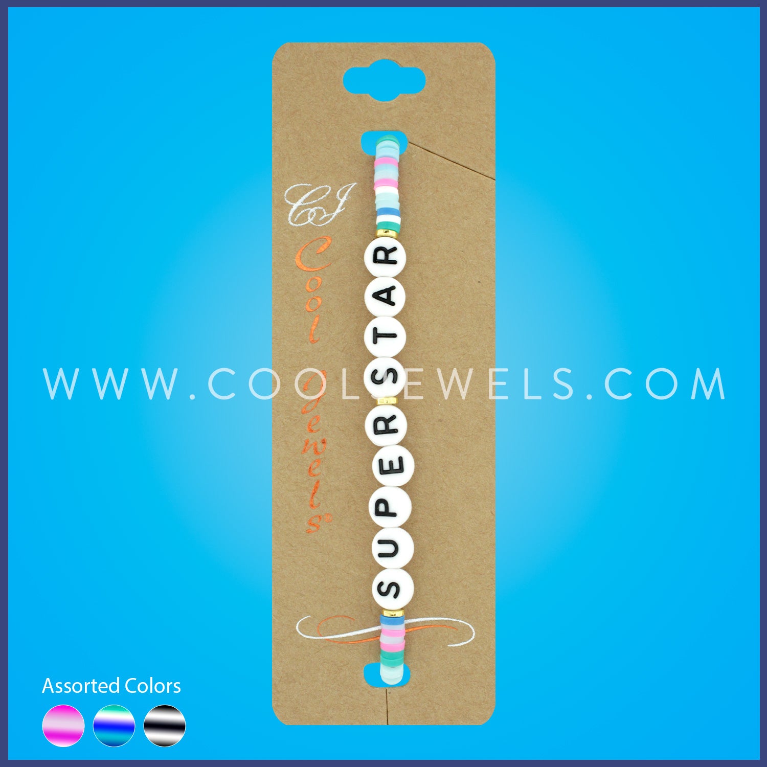 STRETCH BRACELET WITH FIMO DISCS & LETTER BEADS "SUPER STAR" ASSORTED - CARDED