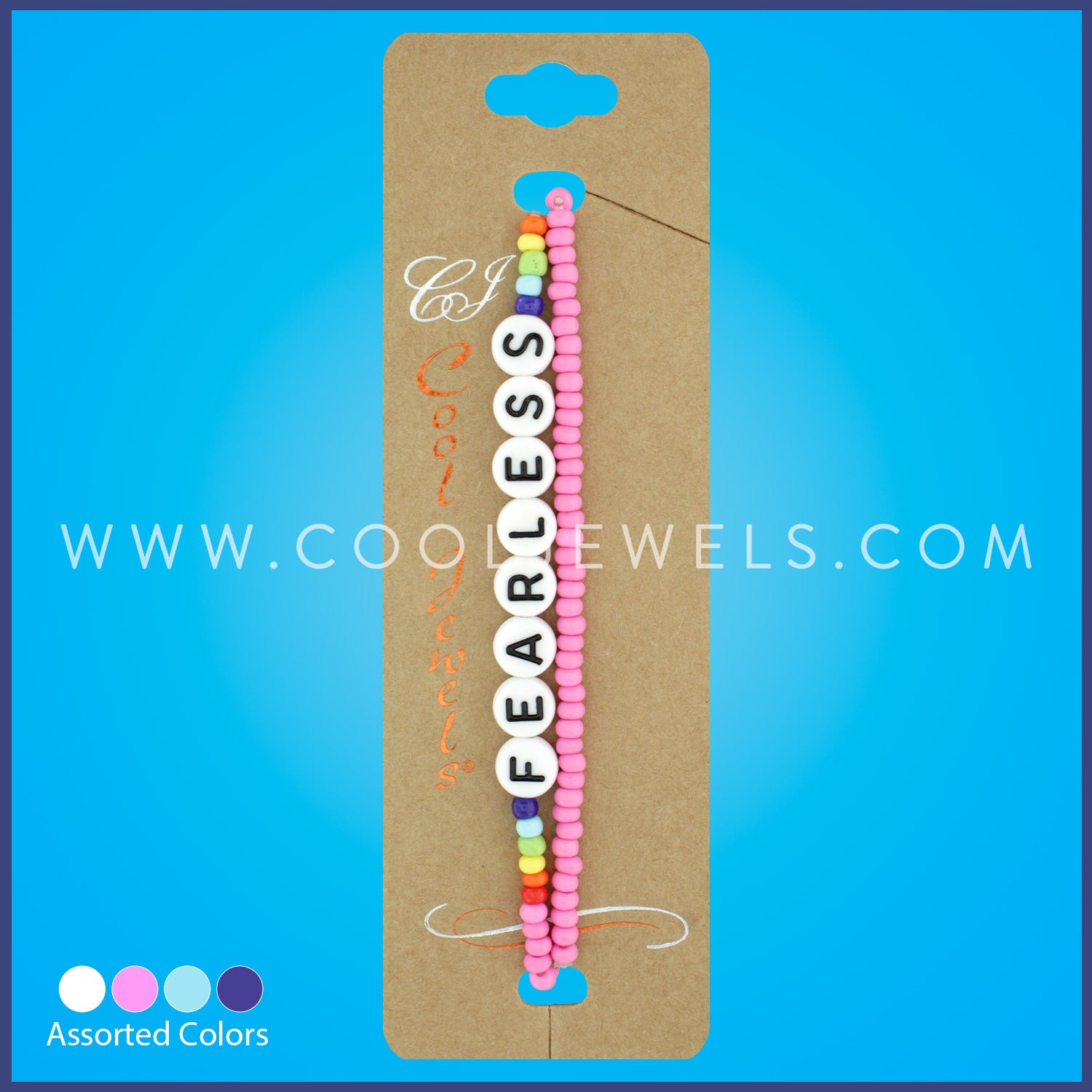 (SET OF 2) BEADED STRETCH BRACELET WITH BLOCK LETTERS "FEARLESS" ASSORTED - CARDED