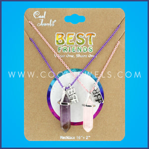 (SET OF 2 ) LINK CHAIN NECKLACE WITH AMETHYST & ROSE QUARTZ STONE "BFF" - CARDED