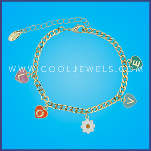 GOLD LINK CHAIN BRACELET WITH FLOWER & L-O-V-E CHARMS