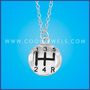 SILVER CHAIN NECKLACE WITH GEAR SHIFT PENDANT