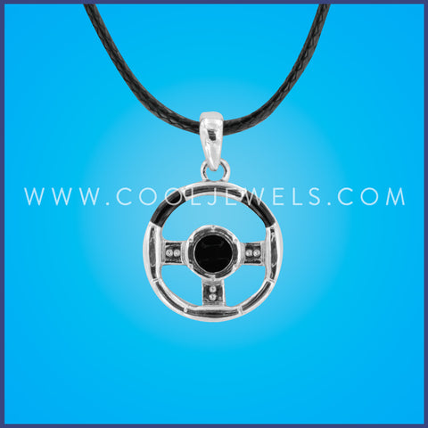 BLACK CORD NECKLACE WITH STEERING WHEEL PENDANT
