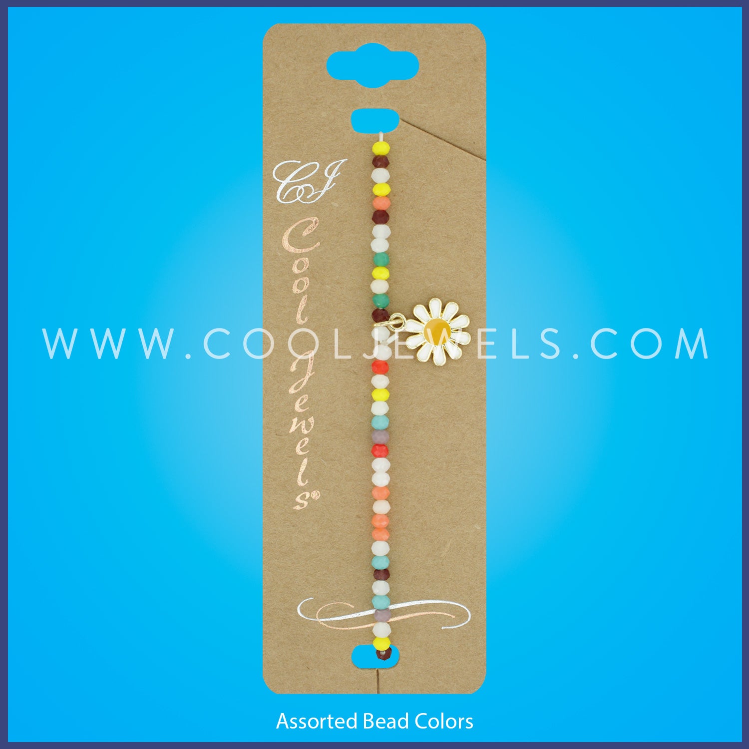 BEADED STRETCH BRACELET WITH MULTICOLOR BEADS & DAISY PENDANT - CARDED