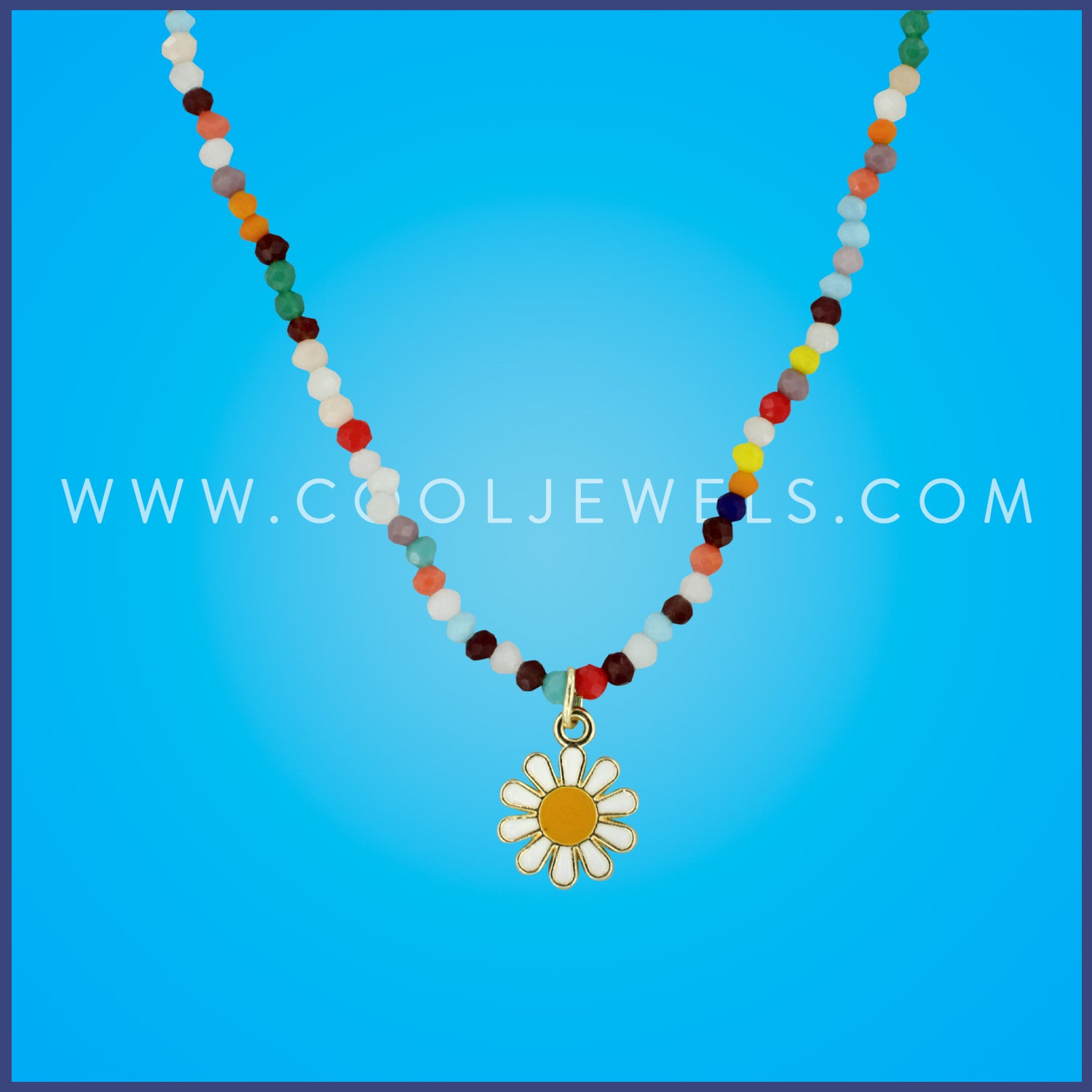 BEADED CHAIN NECKLACE WITH MULTICOLOR BEADS & DAISY PENDANT
