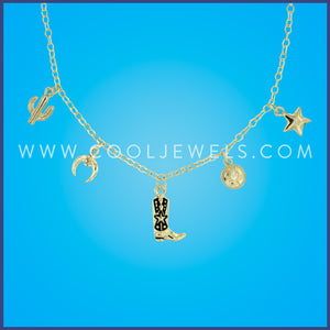 GOLD CHAIN NECKLACE WITH CACTUS, HORNS, & BOOT PENDANTS