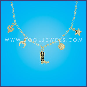 GOLD CHAIN NECKLACE WITH CACTUS, HORNS, & BOOT PENDANTS