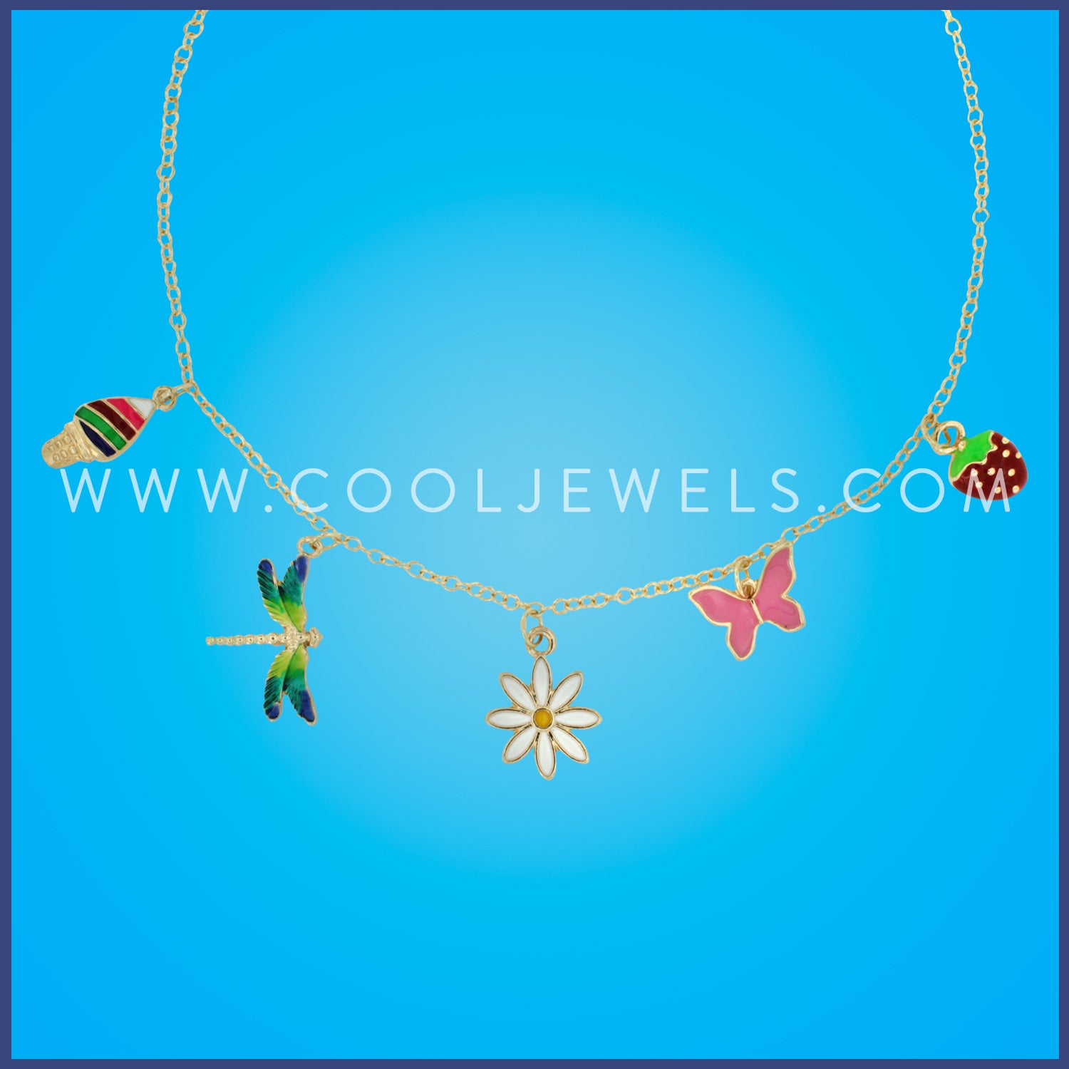 GOLD LINK CHAIN NECKLACE WITH CHARMS: ICE CREAM CONE, DRAGONFLY, STRAWBERRY, FLOWER, BUTTERFLY