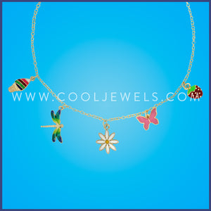 GOLD LINK CHAIN NECKLACE WITH CHARMS: ICE CREAM CONE, DRAGONFLY, STRAWBERRY, FLOWER, BUTTERFLY