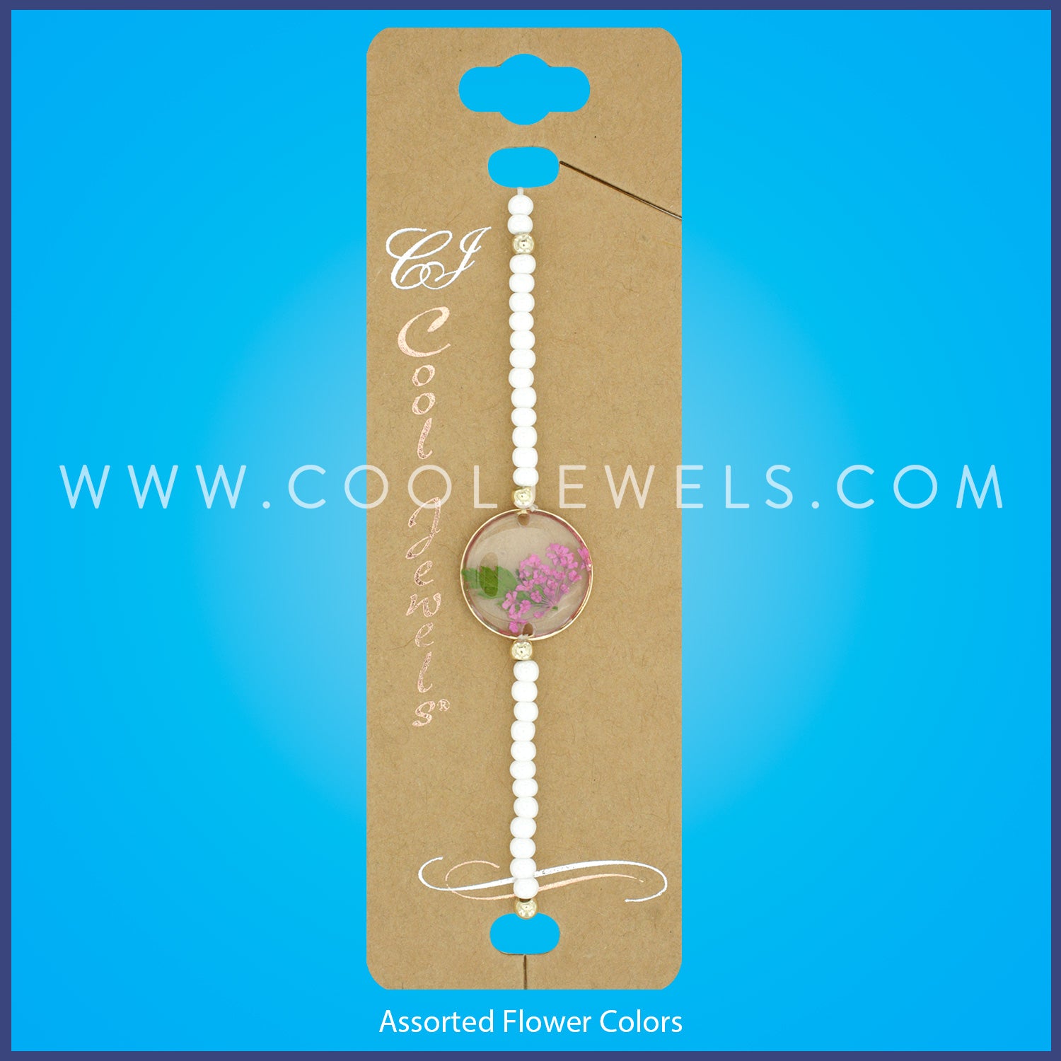 BEADED STRETCH BRACELET WITH ROUND FLOWER PENDANT ASSORTED - CARDED