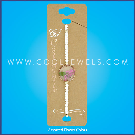 BEADED STRETCH BRACELET WITH ROUND FLOWER PENDANT ASSORTED - CARDED