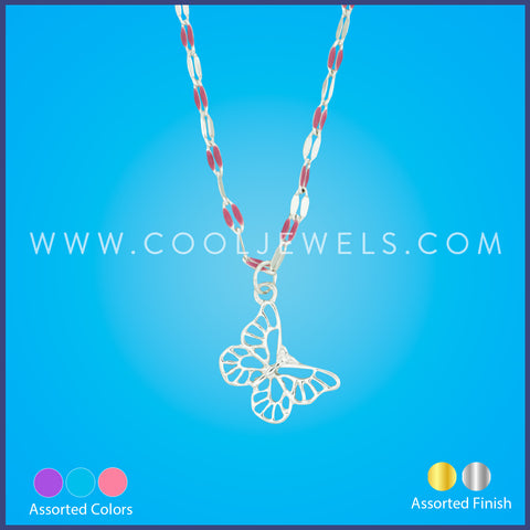COLORED CHAIN NECKLACE WITH BUTTERFLY PENDANT -  ASSORTED