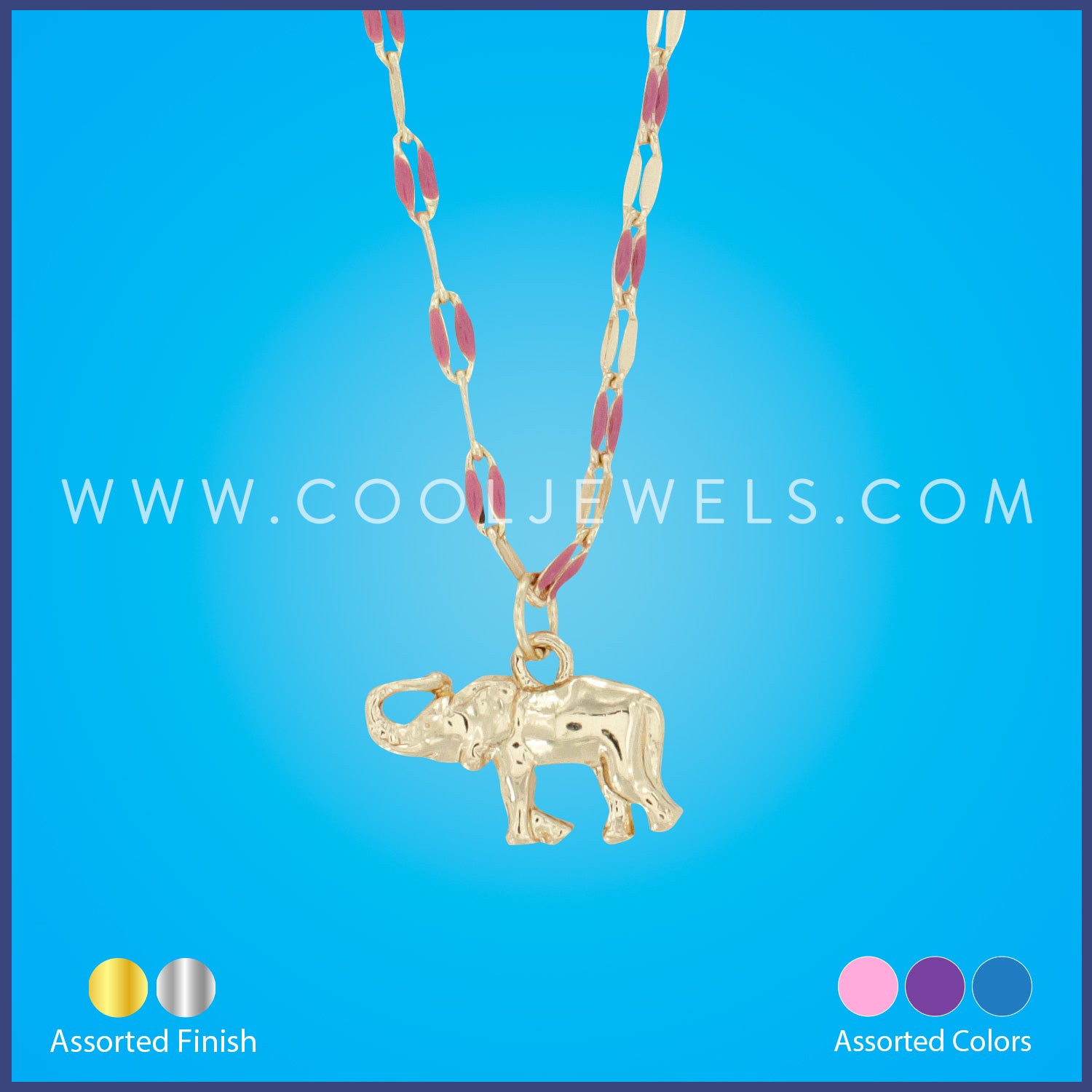 COLORED CHAIN NECKLACE WTIH ELEPHANT PENDANT - ASSORTED