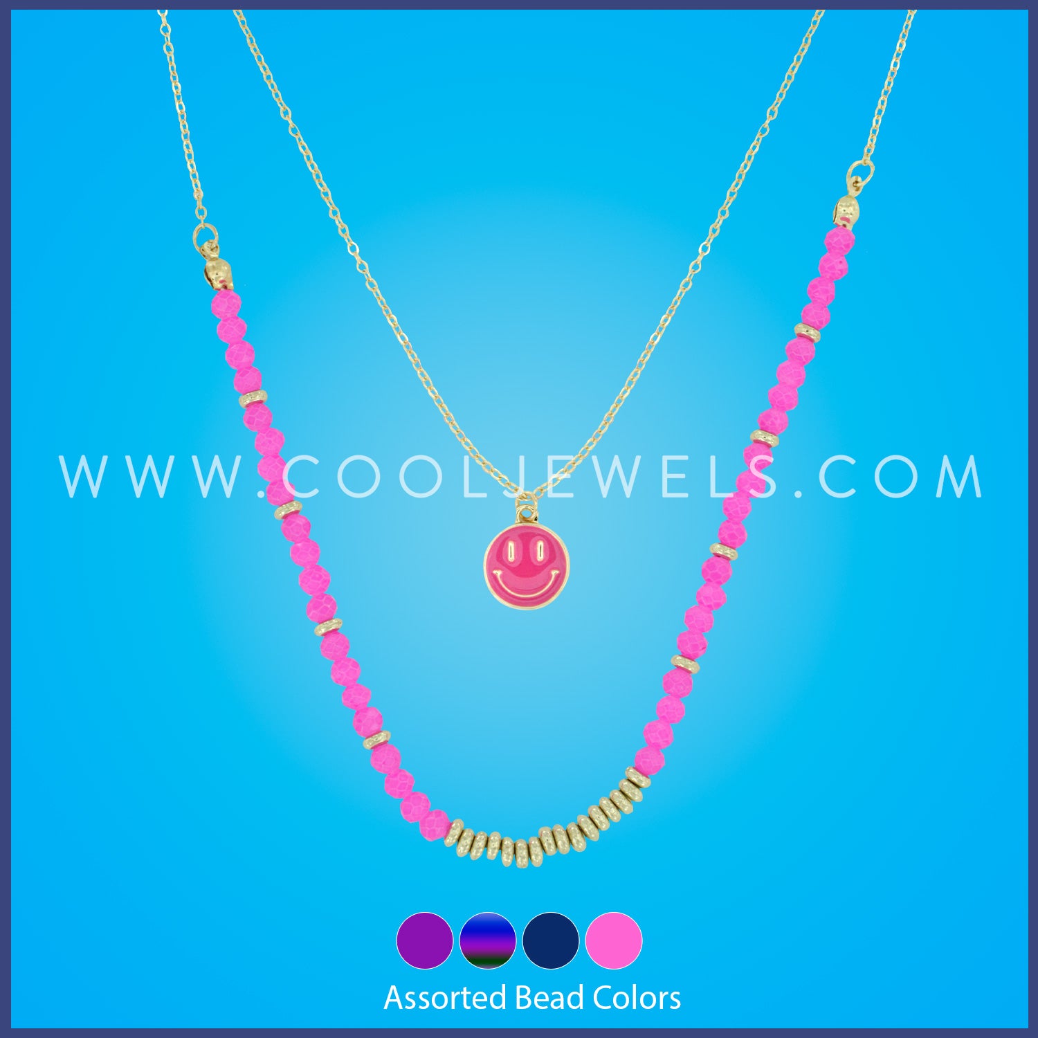 DOUBLE LAYER CHAIN NECKLACE WITH BEADS & HAPPY FACE PENDANT - ASSORTTED