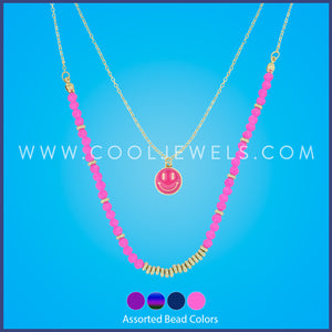 DOUBLE LAYER CHAIN NECKLACE WITH BEADS & HAPPY FACE PENDANT - ASSORTTED