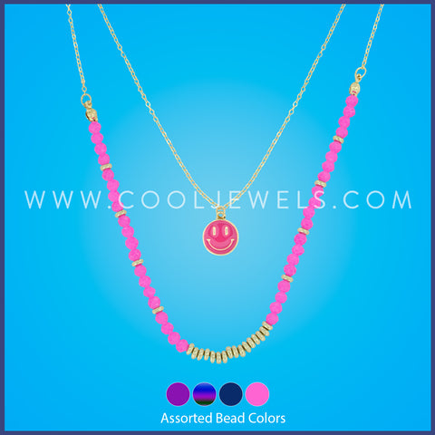 DOUBLE LAYER CHAIN NECKLACE WITH BEADS & HAPPY FACE PENDANT - ASSORTTED